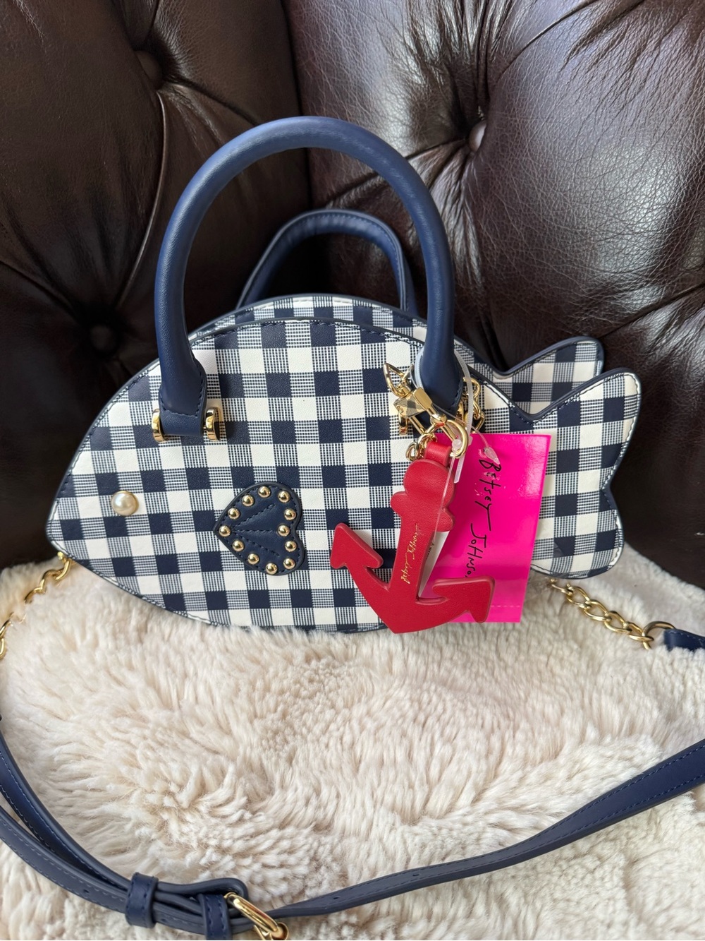 Betsey Johnson NWT Navy Gingham Fish-Shaped Satchel with Red Anchor Charm